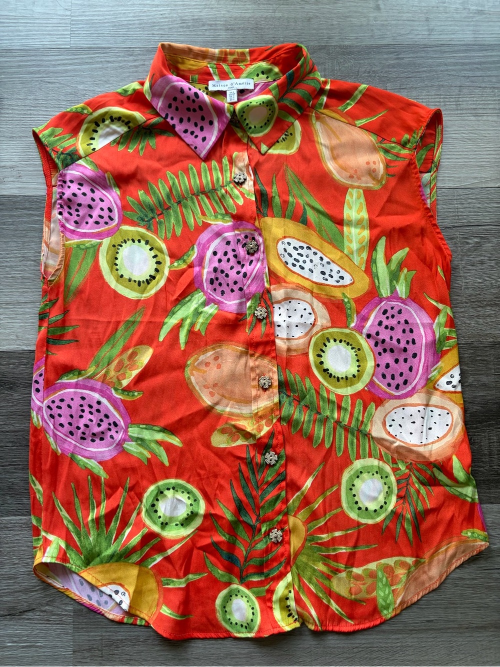 Sleeveless Orange Tropical Fruit Print Button-Up Blouse